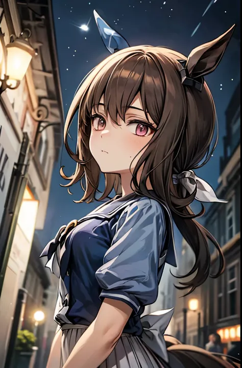 admire vega (umamusume), 1 girl, Solo, Best Quality, masterpiece, 8K, High resolution, Ultra-detailed, madeon, from side, from below, looking up, stargazing, stary sky, night, summer uniform,