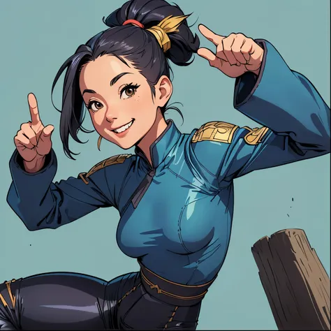 ((detailed)), ((solo female)), ((black hair)), ((((ponytail)))), ((smiling)), brown eyes, ((wearing blue long-sleeved martial ar...