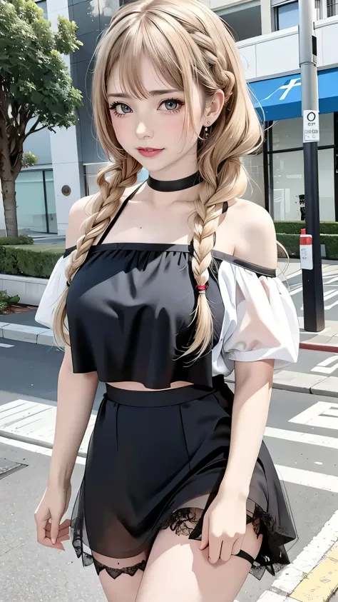 Sexy cute looks and cute beautiful girl, Beautiful and sexy face、A strong wind blows my hair in front of my face、Blonde French braids with cute and sexy eyes hidden by long bangs、Off-the-shoulder T-shirt、Tulle miniskirt