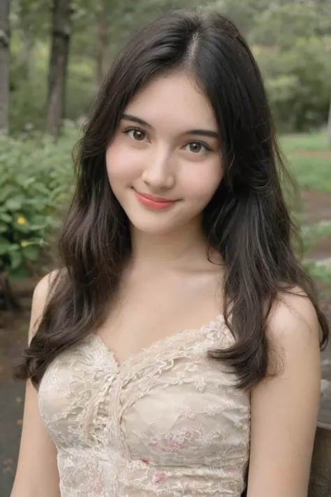 film portrait photography, 1girl, solo, seductive smile, long wavy black hair, brown eyes, looking at viewer, bare shoulders, serene, calm, (realistic detailed eyes, natural skin texture, realistic face details), soft lighting, depth of field, bokeh, vibra...