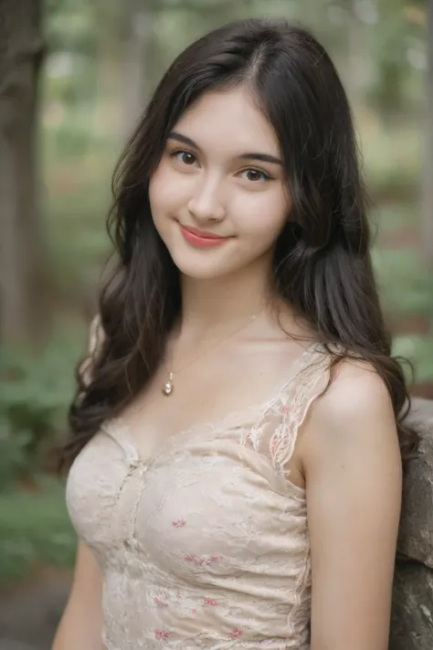 film portrait photography, 1girl, solo, seductive smile, long wavy black hair, brown eyes, looking at viewer, bare shoulders, serene, calm, (realistic detailed eyes, natural skin texture, realistic face details), soft lighting, depth of field, bokeh, vibra...