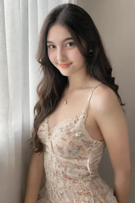 film portrait photography, 1girl, solo, seductive smile, long wavy black hair, brown eyes, looking at viewer, bare shoulders, serene, calm, (realistic detailed eyes, natural skin texture, realistic face details), soft lighting, depth of field, bokeh, vibra...