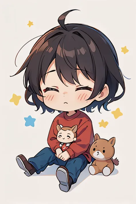 A little man sitting on a toy horse, wearing a long sleeve shirt, closed eyes, chibi chibi style