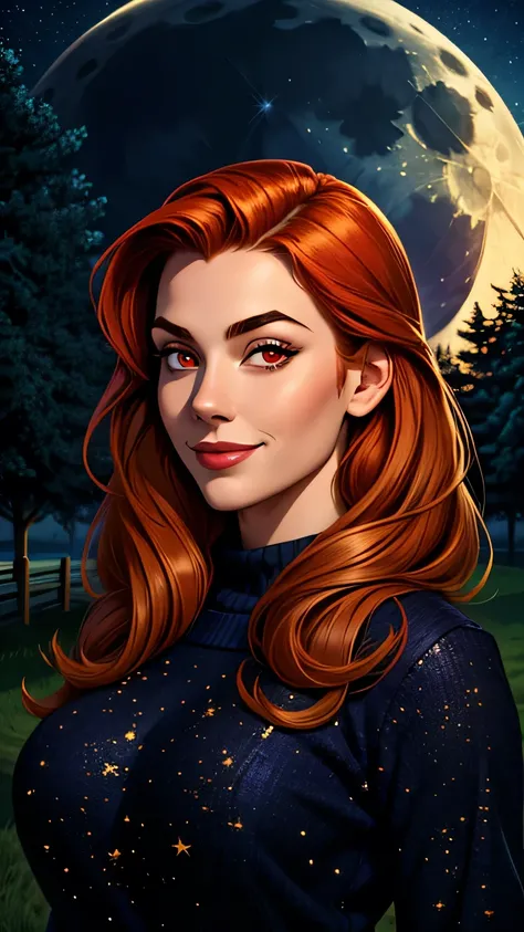 1girl, 4, full moon, night, solo, bust, night sky, starry sky, sky, looking at viewer, smile, ginger hair, moonlight, large bust, long hair, red eyes, sweater, eyebrows visible through hair, tree, gold sweater