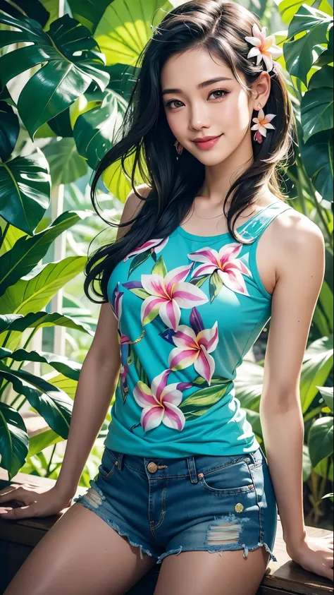 Thai woman wearing plumeria flower design t-shirt and jean shorts, smiling, surrounded by lush tropical foliage. Splash art. Delicate, intricately detailed plumeria flowers in her hair, multicolored locks flowing. 