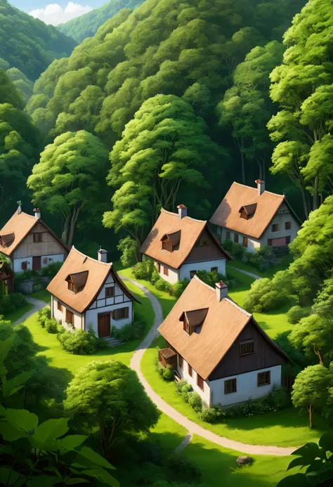 A small village surrounded by a dense forest. Picturesque houses with gabled roofs and quiet streets, with tall trees and green vegetation in the background. The atmosphere should be peaceful and picturesque.