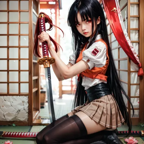 3na_h1me, 1girl, sword, red eyes, weapon, black hair, solo, long hair, thighhighs, skirt, katana, holding katana