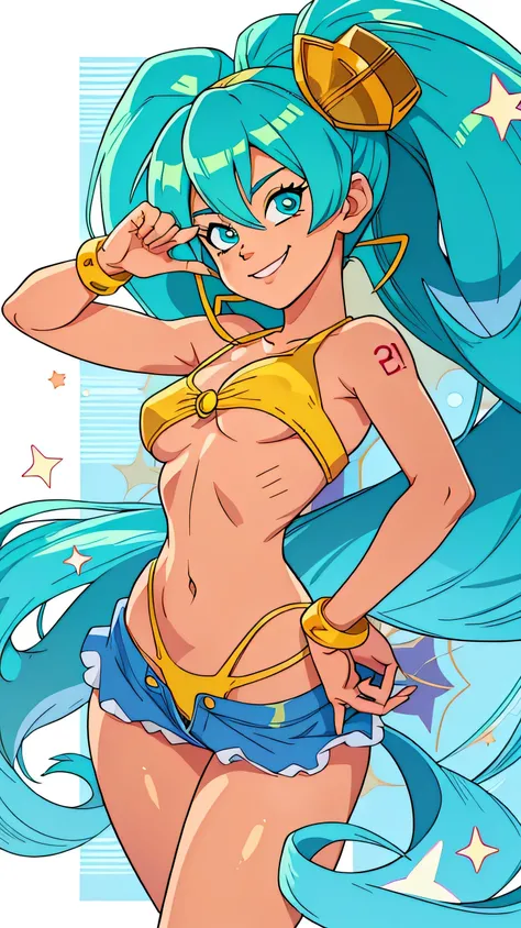 a close up of a cartoon of a woman in a bikini, knights of zodiac girl, anime girl drinks energy drink, bulma from dragon ball, soda themed girl, saiyan girl, by Kentaro Miura, urusei yatsura, miku, anime girl with teal hair, hatsune miku, sona is a slende...