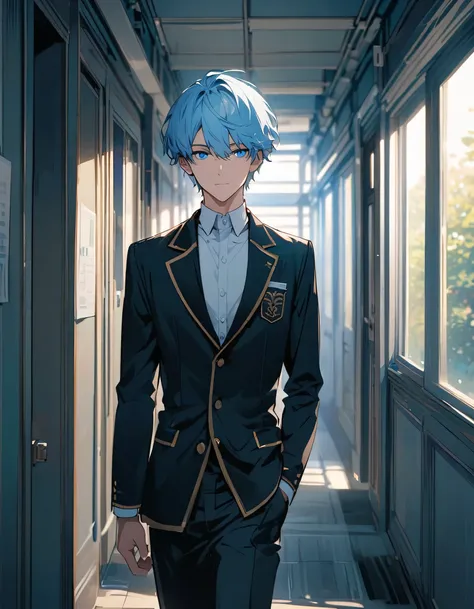 Light blue hair, blue eyes, solo, handsome, cool, 1 male, calm, academy school uniform, standing still, short hair, hallways