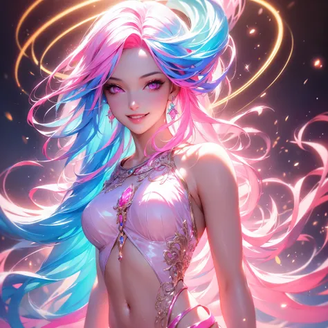 1girl, pink hair, smile, white background, multicolored hair, jewelry, long hair, halo, grin, navel, solo, earrings, pink eyes, looking at viewer, blue hair, cross, hair over one eye, highly detailed face, extremely detailed, 8k, hyperrealistic, volumetric...