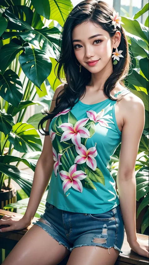 thai woman wearing plumeria flower design t-shirt and jean shorts, smiling, surrounded by lush tropical foliage. splash art. del...