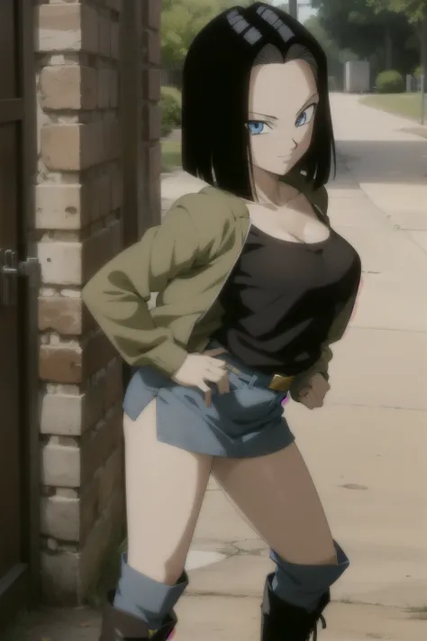 anime style, solo 1girl, female version Android 17,  shor black t  hair,  blue eyes , smug face , open jacket ,tube top ,   medium breasts , sexy ,  plisada mini-skirt,  long boots. Pose