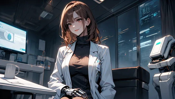 solo, female, large breasts, muscular, doctor, brown hair, brown eyes, cyborg prosthetic hand, turtleneck, white lab coat, hospital, motherly smile, day, futuristic, night, late at work, alone, coffee mug, looking into the distance, sitting