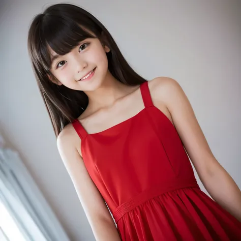 A girl,red sleeveless dress,white background,black hair,bangs bangs, 6th grade elementary school, ,transparent, (masterpiece, Highest quality), Soft Light, Film Structure, Cinematic,front,smile, 6th grade elementary school, ,transparent, (masterpiece, High...