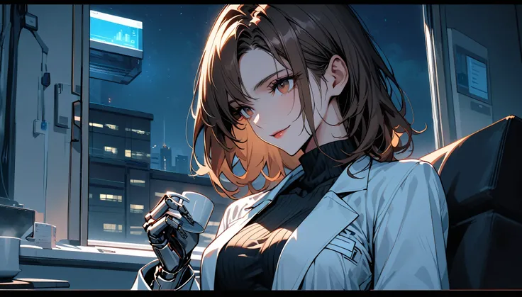 solo, female, large breasts, muscular, doctor, brown hair, brown eyes, cyborg prosthetic hand, turtleneck, white lab coat, hospital, motherly smile, day, futuristic, night, late at work, alone, coffee mug, looking out of window, wistful, sitting, close up