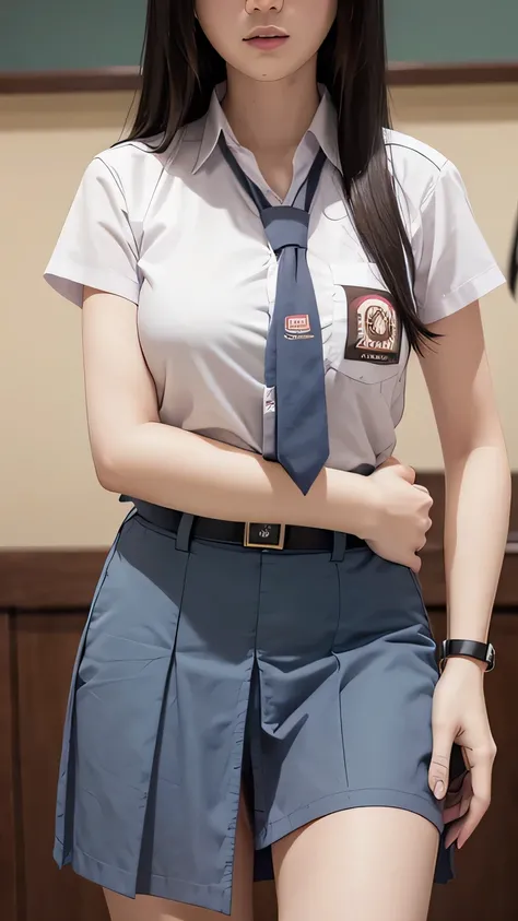 realistic, 1girls, Kushina Uzumaki, best quality, 12k, HD, long hair, big round breasts, Indonesian high-school uniform, skirt, classroom, shorts, slim hips, black eyes, black hair, super detailed, Eye details , hair details, person details, mouth details,...