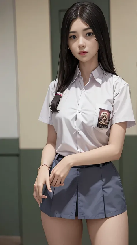 realistic, 1girls, Kushina Uzumaki, best quality, 12k, HD, long hair, big round breasts, Indonesian high-school uniform, skirt, classroom, shorts, slim hips, black eyes, black hair, super detailed, Eye details , hair details, person details, mouth details,...