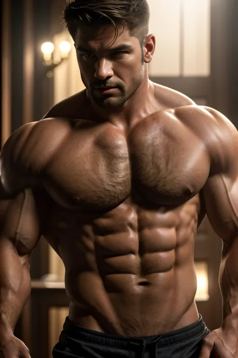 A muscular boy, short light-colored hair, a handsome youthful face, a rosy healthy complexion, red lips, beards, a strong muscular chest and abs, dense chest and abdominal hair, solid toned robust physique, visible muscle and fat, tanned skin, close-up, ha...