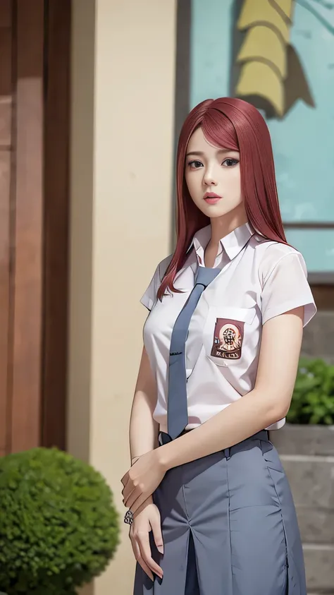 realistic, 1girls, Kushina Uzumaki, best quality, 12k, HD, long hair, big round breasts, Indonesian high-school uniform, skirt, shorts, slim hips, grey eyes, red hair, super detailed, Eye details , hair details, person details, mouth details, face details,...