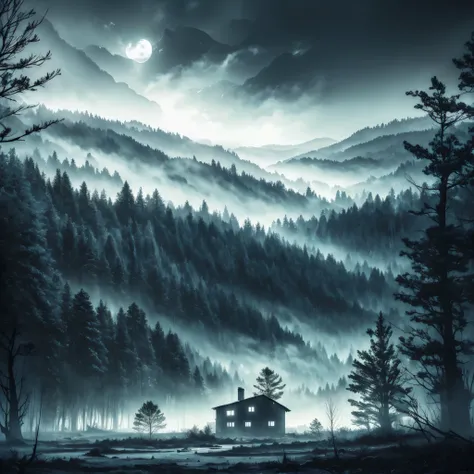 dark cloudy sky, cold winter landscape, gloomy forest, old abandoned house, moonlight, mist, melancholic mood, dramatic lighting, cinematic composition, moody atmosphere, dark colors, high contrast, emotional tension, unsettling narrative, photorealistic, ...