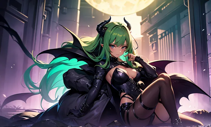 a girl, succubus costume, violet color, green hair, posing lying on her side, full body panorama, halloween dungeon background.