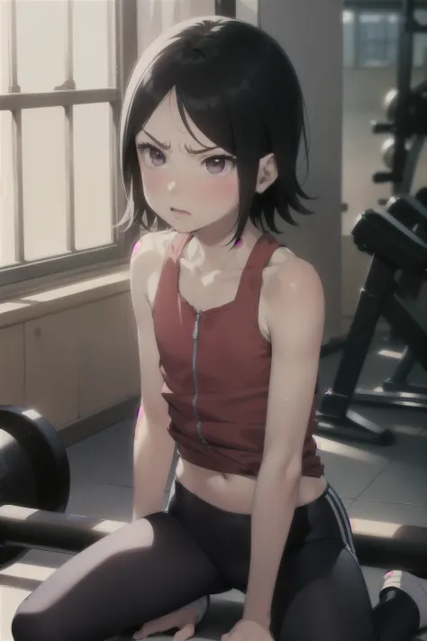 Anime style, 1 girl  , young girl , childshi  body ,solo , short hair ,angry  face , blush  , sweat , flat chest , red tube top , black leggings tight,  gym , sexy .