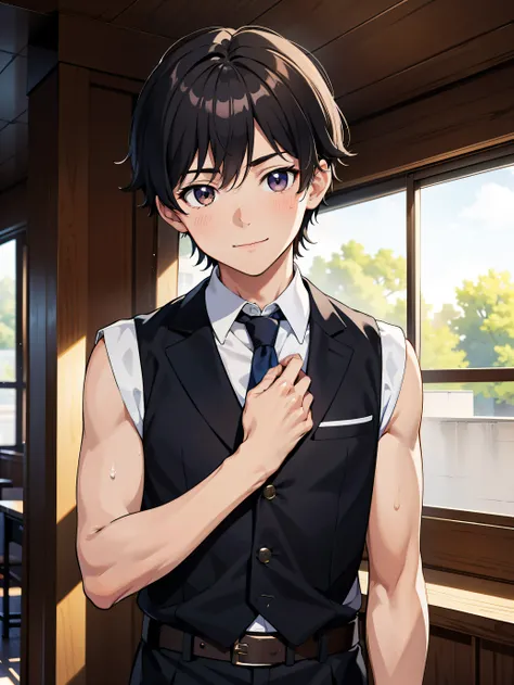 Highres, Masterpiece, Best quality at best,Best Quality,hight quality, hight detailed, Anime style, 1boy, a young student, Give me a picture of a young boy who is a student from an elite school, Sleeveless uniform, tie, belt, Sleeveless vest, Bare shoulder...