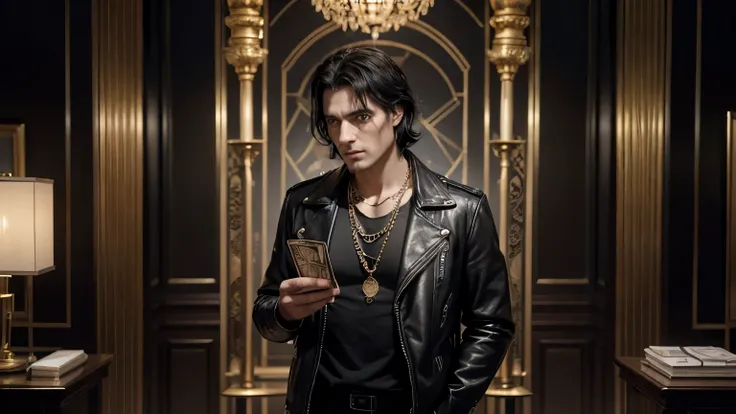 1 man in, 30years, standing alone, Bblack hair, brawny, looking at the observer, eyes browns, whole body, a gold necklace, black leather jacket, realisitic, handsome and with tarot cards in hand.