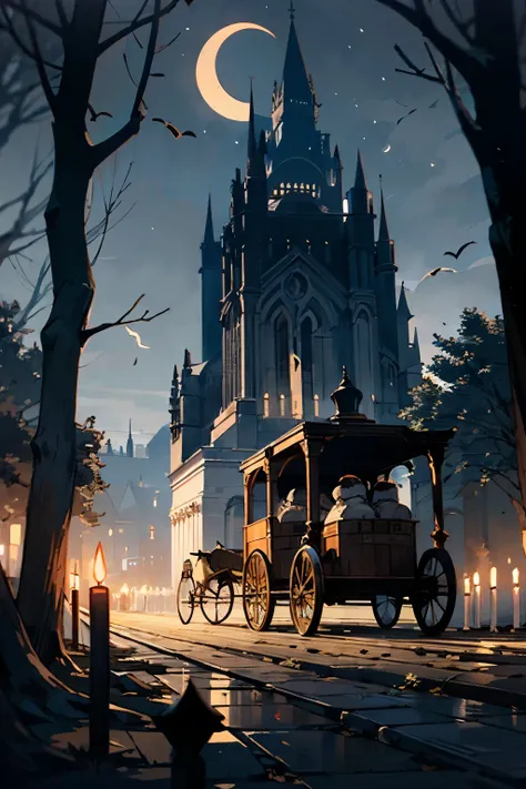 carriage pulled by skeleton horses, street paved with black stones, floating candles, dry and twisted trees, large crypts along the street, pointed roofs, gothic, orange and black, dark sky, crescent moon emits a yellowish glow