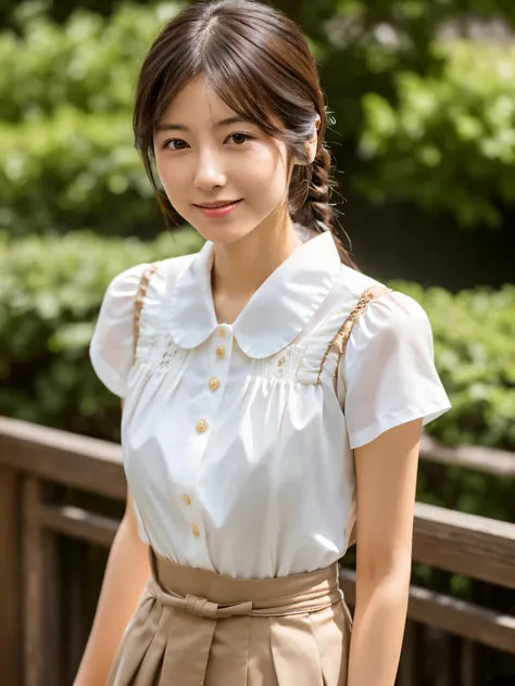 Masterpiece, high quality, high resolution, 8K, ((Skinny Japanese woman in a costume which consists of a short-sleeved white shirt and a light-brown long skirt)), beautiful face, natural makeup, detailed face, detailed eyes, a photo that feels endearing