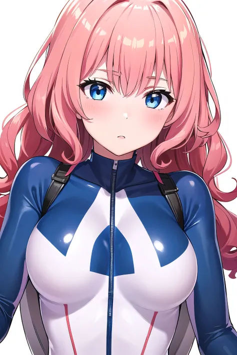 1 girl,boyish, curly hair, pink Hair, medium Breasts, glossy tight zero suit,blush,blue eyes,Tight fit,clearly,Striped pattern, (white background:1.3)