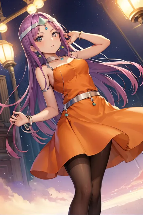 (Highest quality:1.2),  Alone、dqMinea, circlet, earrings, choker, bracelet, Orange dress、(blush:1.1), Embarrassing, View your viewers、((Photo from below))、((pantyhose))