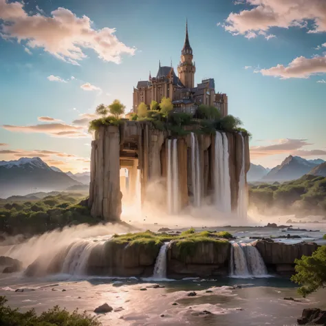 (8k, highest quality, masterpiece, final fantasy style: 1.2), (unRealistic, photoRealistic: 1.37), Dreamy landscape, epic scenes, sunset, Fantasy, Unsurreal landscapes, Super detailed, (((Flying futuristic  Castle, Floating Island in the Sky)))), Seven-col...