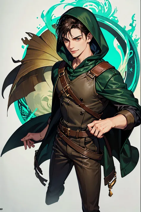 1boy, dark brown hair, solo, green eyes, 1boy, male focus, devious closed smile, jewelry, black hair, hood down, (masterpiece), best quality, expressive eyes, perfect face, concept art, fullbody, adventure clothes