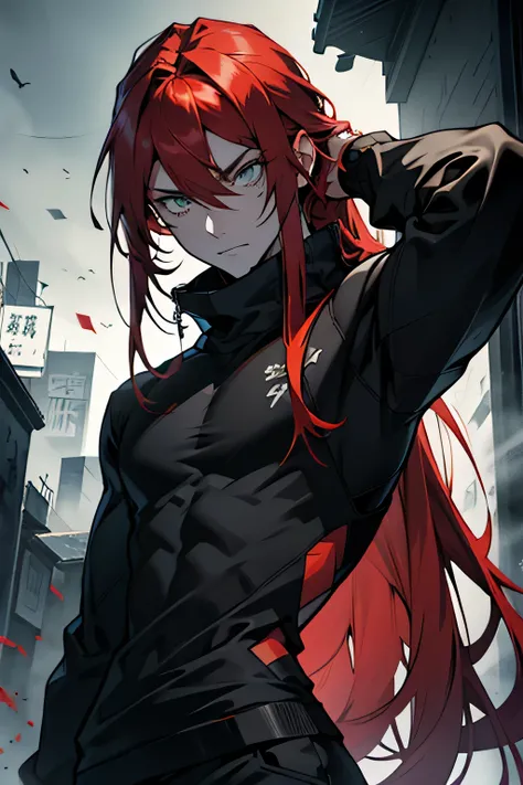 Tall redhead man 2 Red hair, very long and straight VERY LONG HAIR PAST THE SHOULDERS Messy bangs Sharp eyes with emerald green irises and feline pupils Pale Androgynous face Long eyelashes Tight, tactical black clothing Tight, black, high-necked sweatshir...