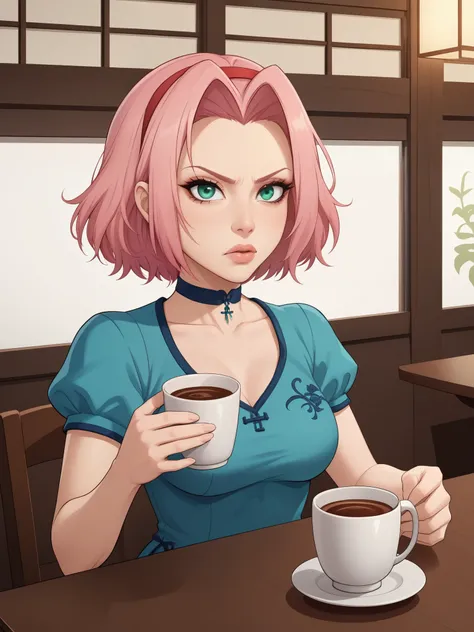 Haruno Sakura.short pale pink hair, large light green eyes, a large forehead, thin lips, small saggy breasts and very fair skin. A disdainfully angry expression on his face. choker. china dress. cafe. a cup of coffee and croissants. sitting. 
