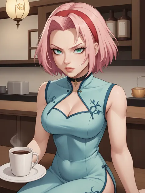 Haruno Sakura.short pale pink hair, large light green eyes, a large forehead, thin lips, small saggy breasts and very fair skin. A disdainfully angry expression on his face. choker. china dress. cafe. a cup of coffee and croissants. sitting. 
