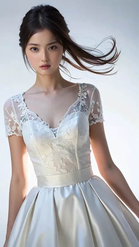 Highest quality,masterpiece,Ultra-high resolution,(Actual:1.4),Original photo,Ultra-high resolution，8K，There are also women，Fair skin、white short sleeve wedding dress , She running her fingers through her hair.
Long legs:1.5，Bright and beautiful，high waist...