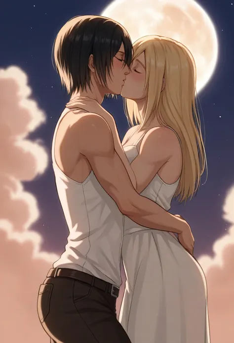 score_9, score_8_up, score_7_up, BREAK source_anime, historia reiss, blue eyes, blonde hair, long hair, medium breasts, long white dress sleeveless,female black hair soldier hugs historia l,Mikasa with historia hugs,mikasa wreanig black sport bra and black...