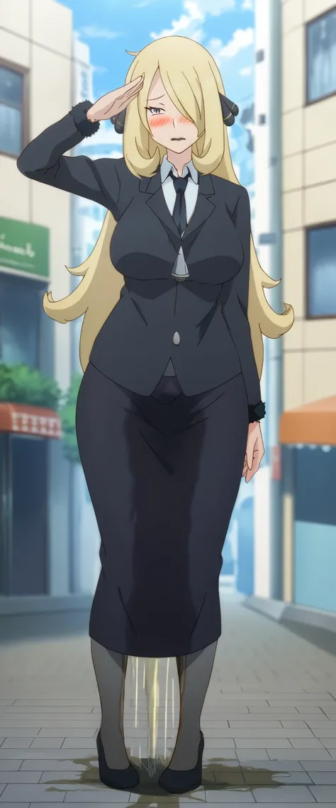 (high quality,Very detailed:1.37, High resolution), 2d, anime, anime style, anime source, Woman, Cynthia (Pokemon), business suit, necktie, (long skirt:1.25), (pencil skirt:1.5), pantyhose, huge breasts, cleavage, looking at viewer, masterpiece, best quali...