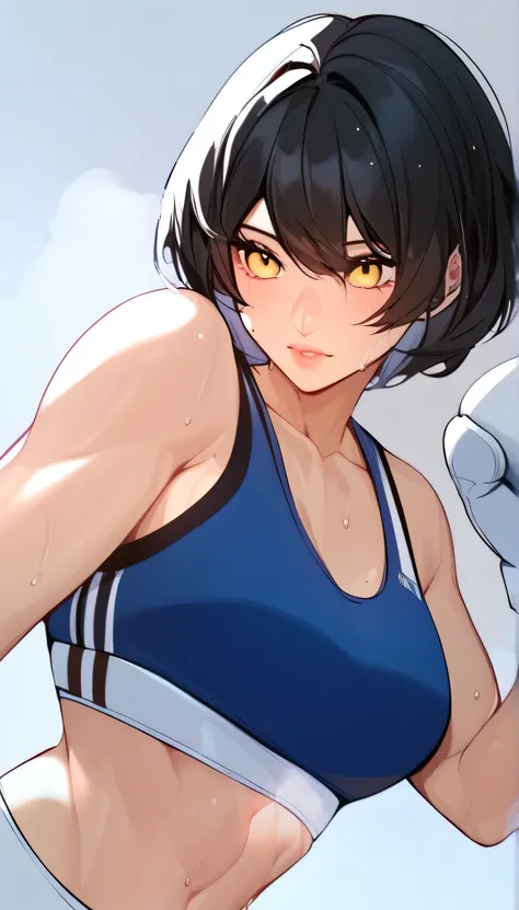1 girl, black hair,masterpiece,best quality,highres,ultra-detailed,aashizue,yellow eyes,short hair,(sports bra:1.2), boxing gloves, toned, sweating,boxing stance, (sleeveless:1.4)
