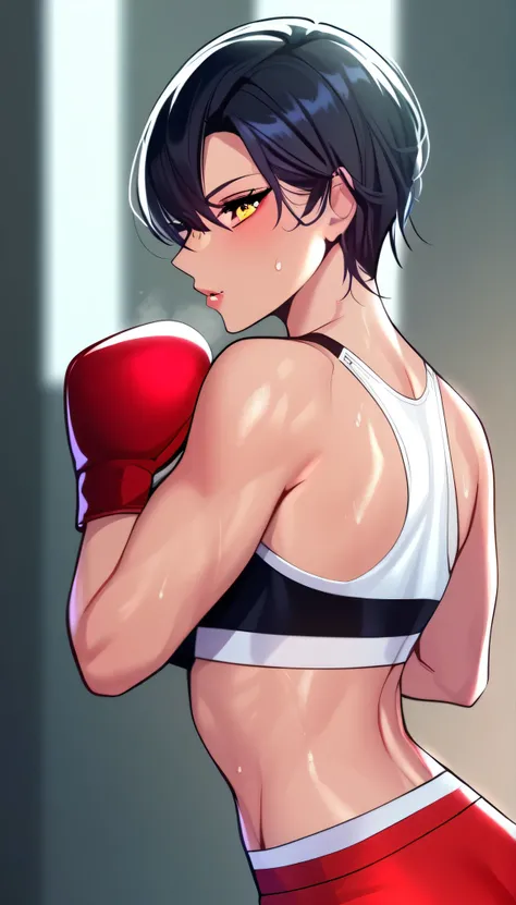1 girl, black hair,masterpiece,best quality,highres,ultra-detailed,aashizue,yellow eyes,short hair,(sports bra:1.2), boxing gloves, toned, sweating,boxing stance, (sleeveless:1.4)