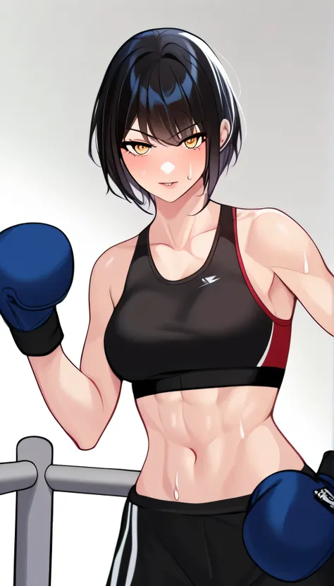 1 girl, black hair,masterpiece,best quality,highres,ultra-detailed,aashizue,yellow eyes,short hair,(sports bra:1.2), boxing glov...