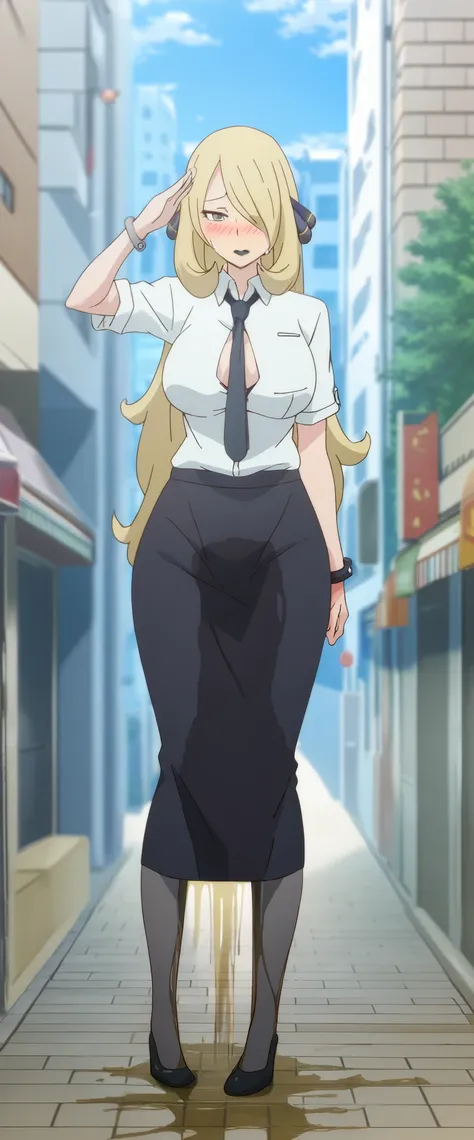 (high quality,Very detailed:1.37, High resolution), 2d, anime, anime style, anime source, Woman, Cynthia (Pokemon), business suit, necktie, (long skirt:1.25), (pencil skirt:1.5), pantyhose, huge breasts, cleavage, looking at viewer, masterpiece, best quali...