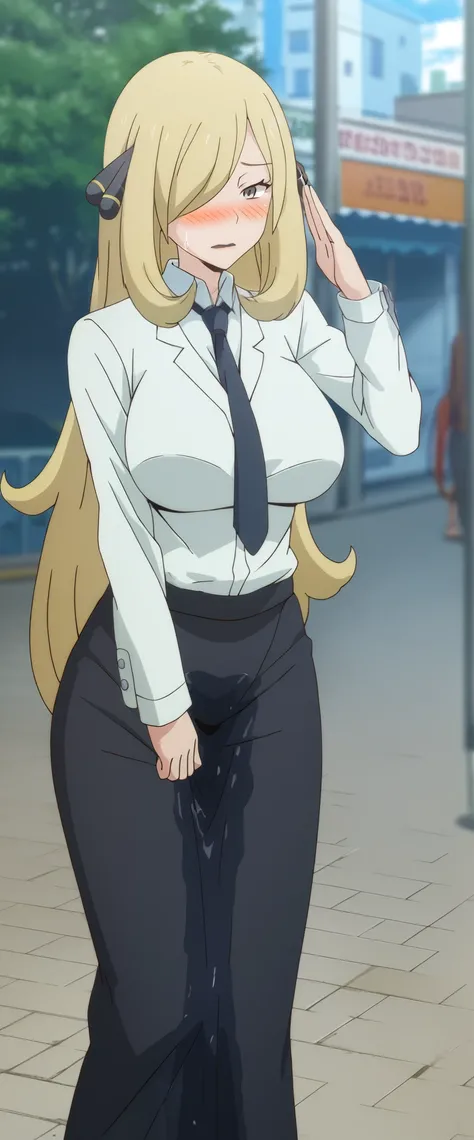 (high quality,Very detailed:1.37, High resolution), 2d, anime, anime style, anime source, Woman, Cynthia (Pokemon), business suit, necktie, (long skirt:1.25), (pencil skirt:1.5), pantyhose, huge breasts, cleavage, looking at viewer, masterpiece, best quali...