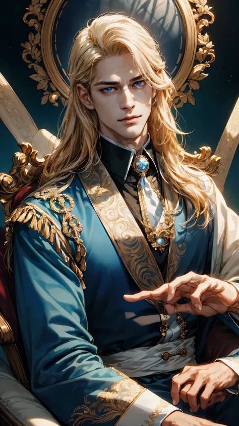 {(best quality, 8k, masterpiece, HDR, soft lighting, perfect image, digital illustration, manhwa art, hyper detailed image, perfect lines, realistic)} 1 very handsome young man, attractive, fair skin, muscled, square jaw, long golden hair wavy, white and b...