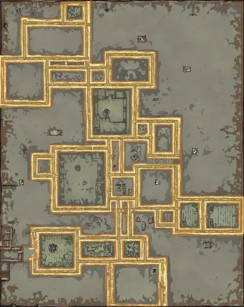 2D flat map, top-down view, bunker layout based on provided sketch, minimal depth, clear floor plan, simple, flat design, Amnesia The Bunker map style, yellowed parchment texture, thick black outlines, detailed inside rooms, black areas empty, functional m...