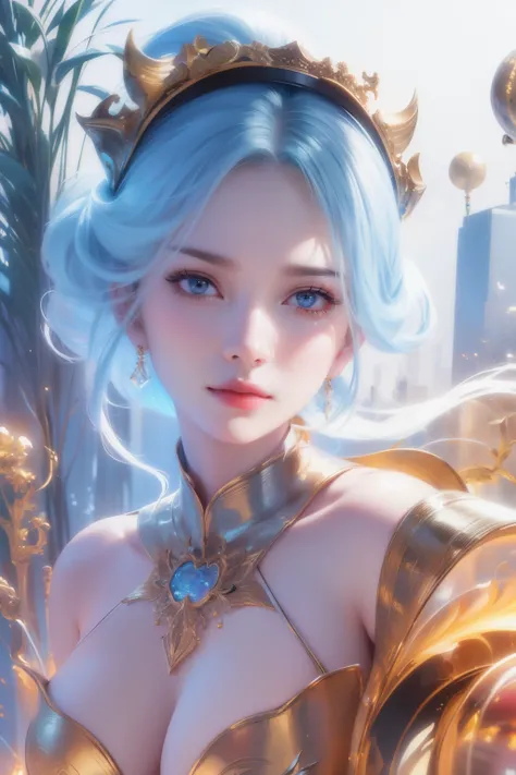 (((A girl))，Exquisite face，The face of Eros，Good looking Chinese woman，Cover your mouth and laugh，temperance，Large Breasts，close up，close up of the head，Golden paradise，Rainbow Colors，Arthur Effect, Gradient translucent glass melting, Caustics, Transparent...