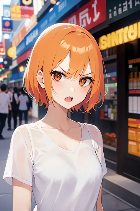 hand up, upper body, (pale skin: 1.2), shiny skin, shiny hair、(2 woman with orange bob cut) and (orange eyes) , white collared shirt、(angry:1.5), open mouth, The background is a shopping street、Alone、Standing