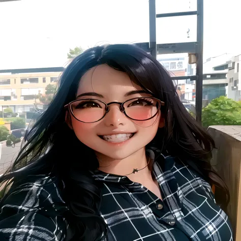 there is a woman with glasses and a plaid shirt posing for a picture, cute slightly nerdy smile, headshot profile picture, with glasses, high quality portrait, slight nerdy smile, xision wu, kawaii realistic portrait, belle delphine, professional profile p...